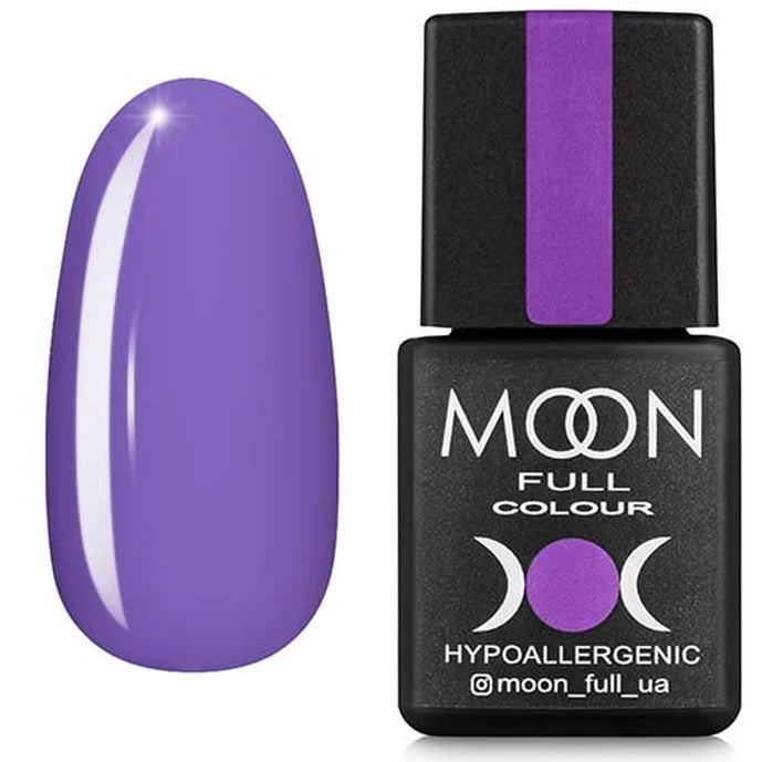 Purple nail polish bottle with a matching nail color on a white background