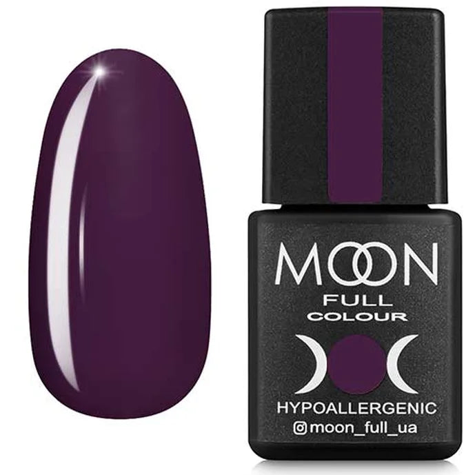 Purple nail polish bottle with a matching nail swatch on a white background