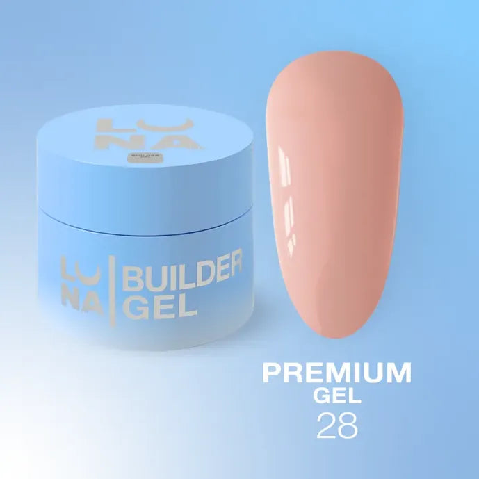 Luna Premium Builder Gel 28, container with a beige nail tip on a light blue background