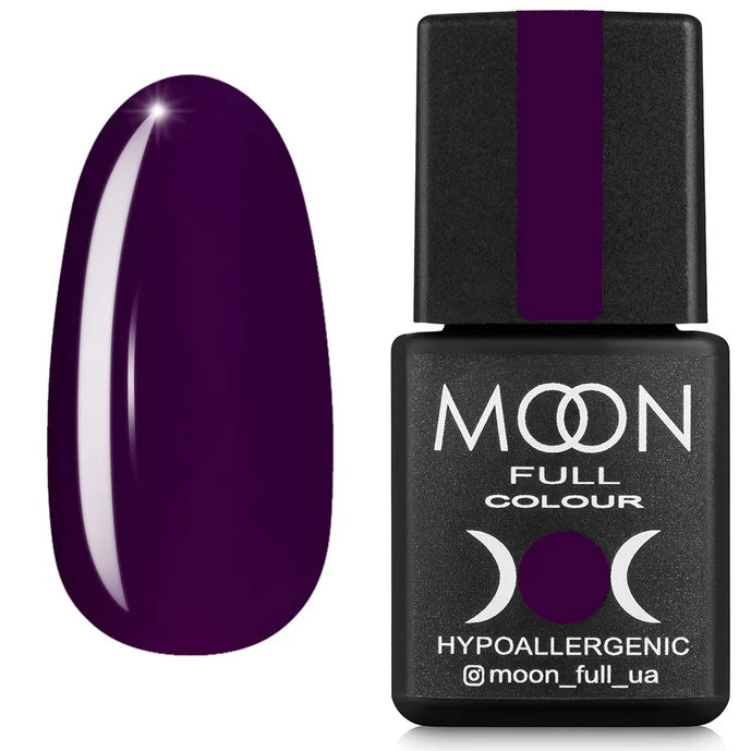 Purple nail polish with black bottle labeled 'MOON Full Colour' on a white background