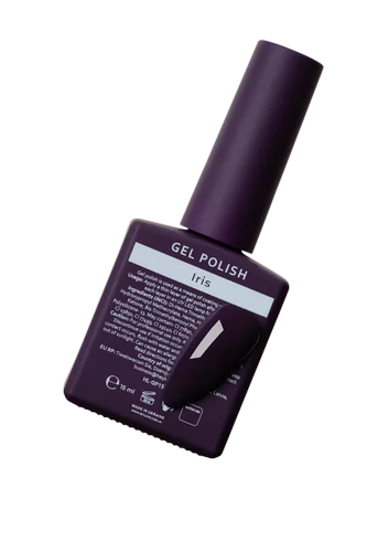Purple gel polish bottle with 'Iris' on a white background