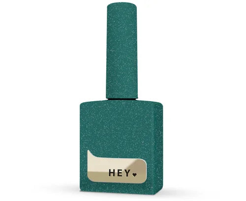 Green bottle of gel polish labeled HEY on white bacground