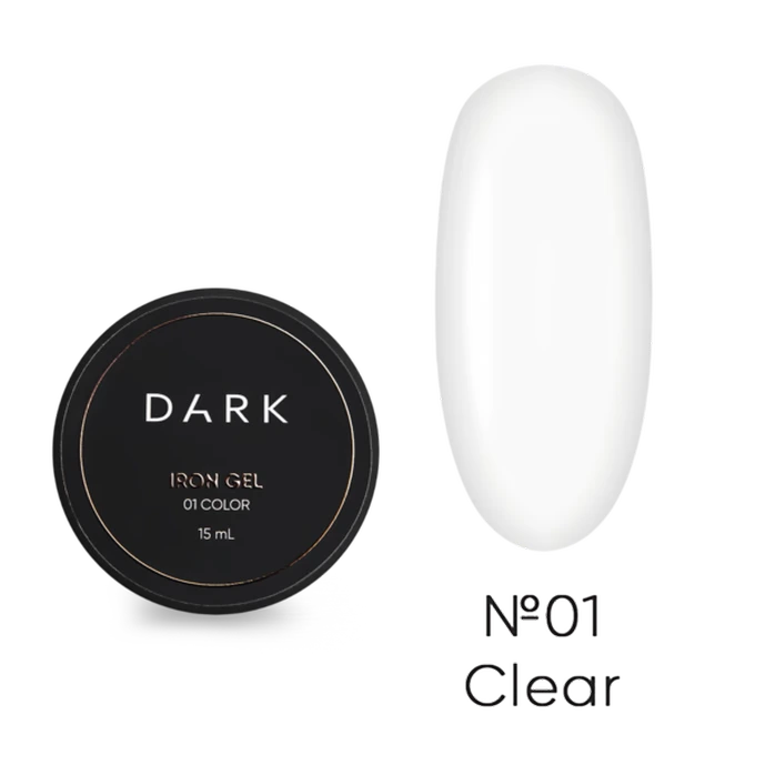 Dark Iron Gel container with a clear gel sample on a white background