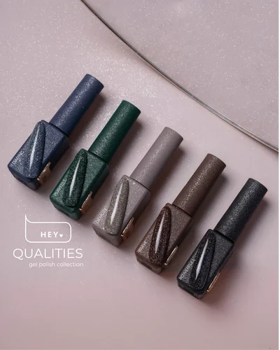 Set of six gel nail polishes in different colors on a light pink background with & - Photo №3