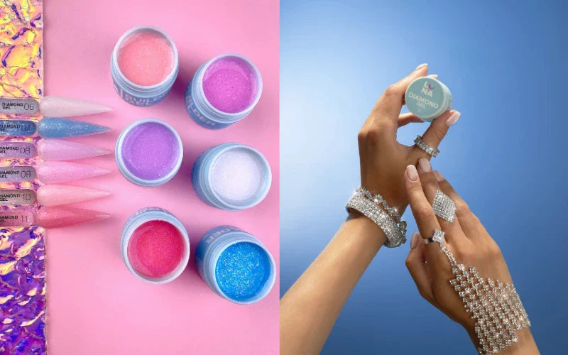 Diamond gel nail powders in various pastel and glitter colors with manicured hands and nail art