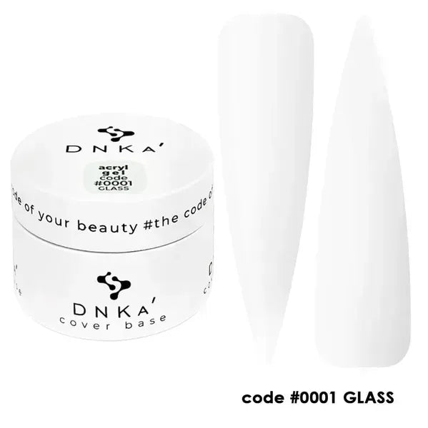 White DNKA cover base gel jar with two swatches, nail product code #0001 GLASS
