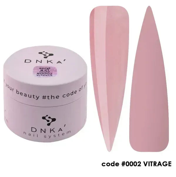 DNKA pink gel nail polish jar with two elongated nail samples, code 0002 VITRAGE