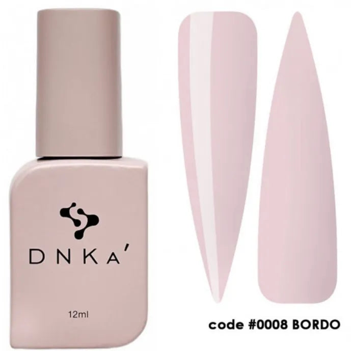 Light pink gel nail polish bottle with two swatches, DNKa' code #0008 Bordo.