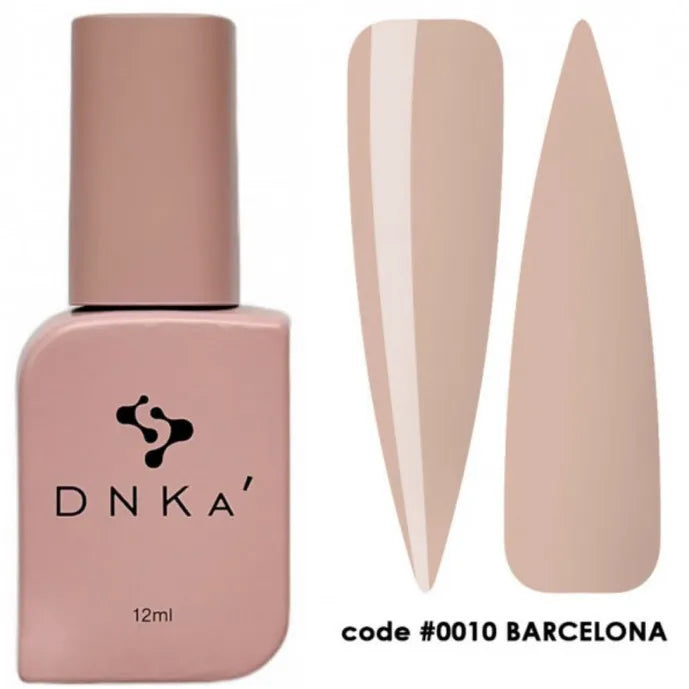 Nude pink gel nail polish bottle with color swatches, code 0010 BARCELONA