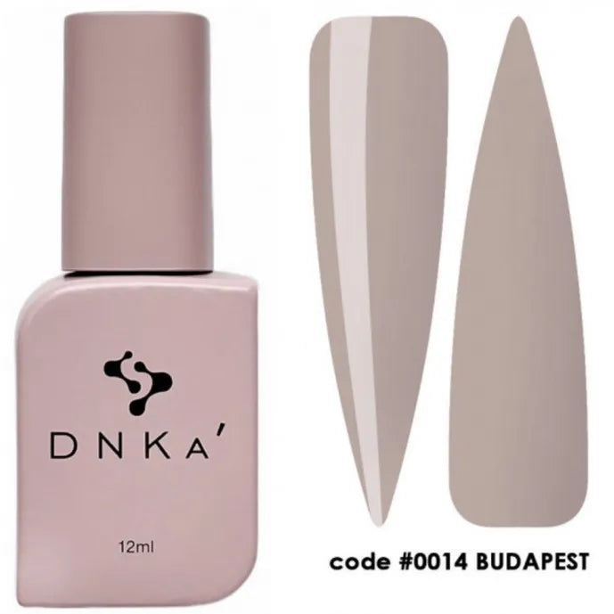 DNKa 12ml nude gel nail polish bottle with Budapest shade color swatches, code 0014.