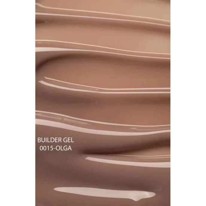 Close-up of nude brown builder gel texture, labeled Builder Gel 0015-OLGA, for nails.