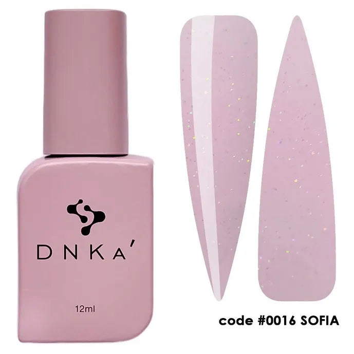 Light pink gel nail polish bottle with glitter swatches, DNKA, code 0016 SOFIA