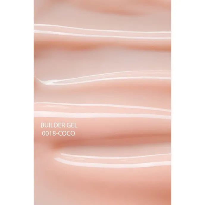 Glossy nude pink builder gel texture labeled 0018-COCO for manicure and nail art