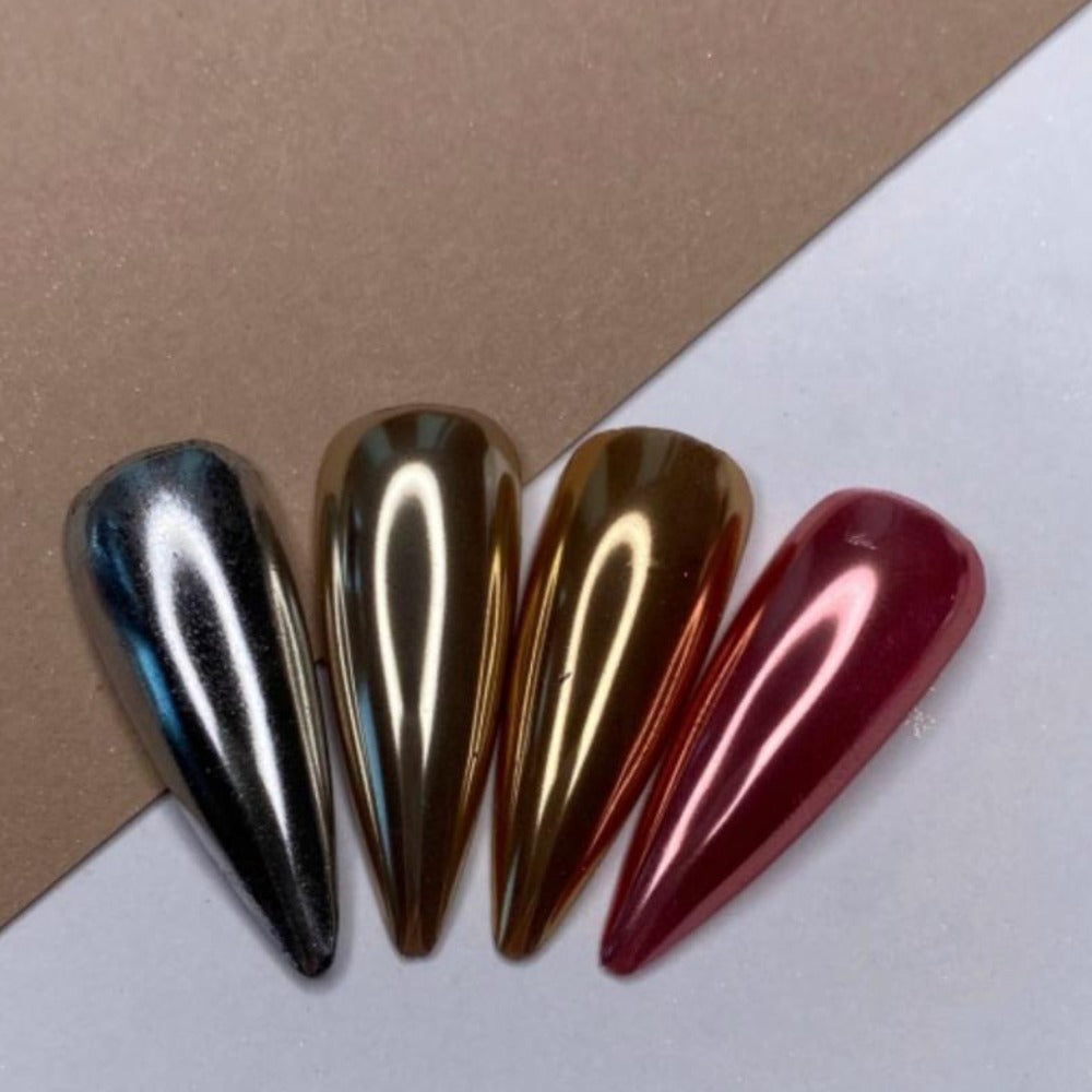 Chrome effect nail polish swatches in silver, gold, bronze, and rose shades for manicure