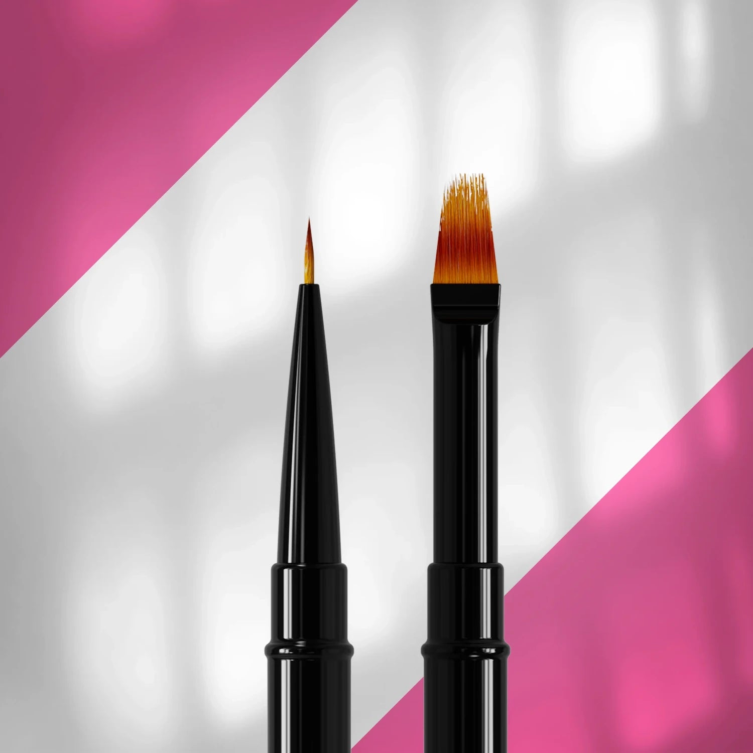 Dual nail art brushes with fine and flat tips for manicure, pink and white background