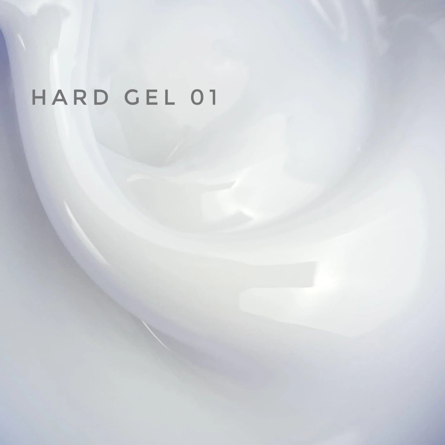 Close-up of milky white hard gel for nails, labeled 'Hard Gel 01', glossy texture.
