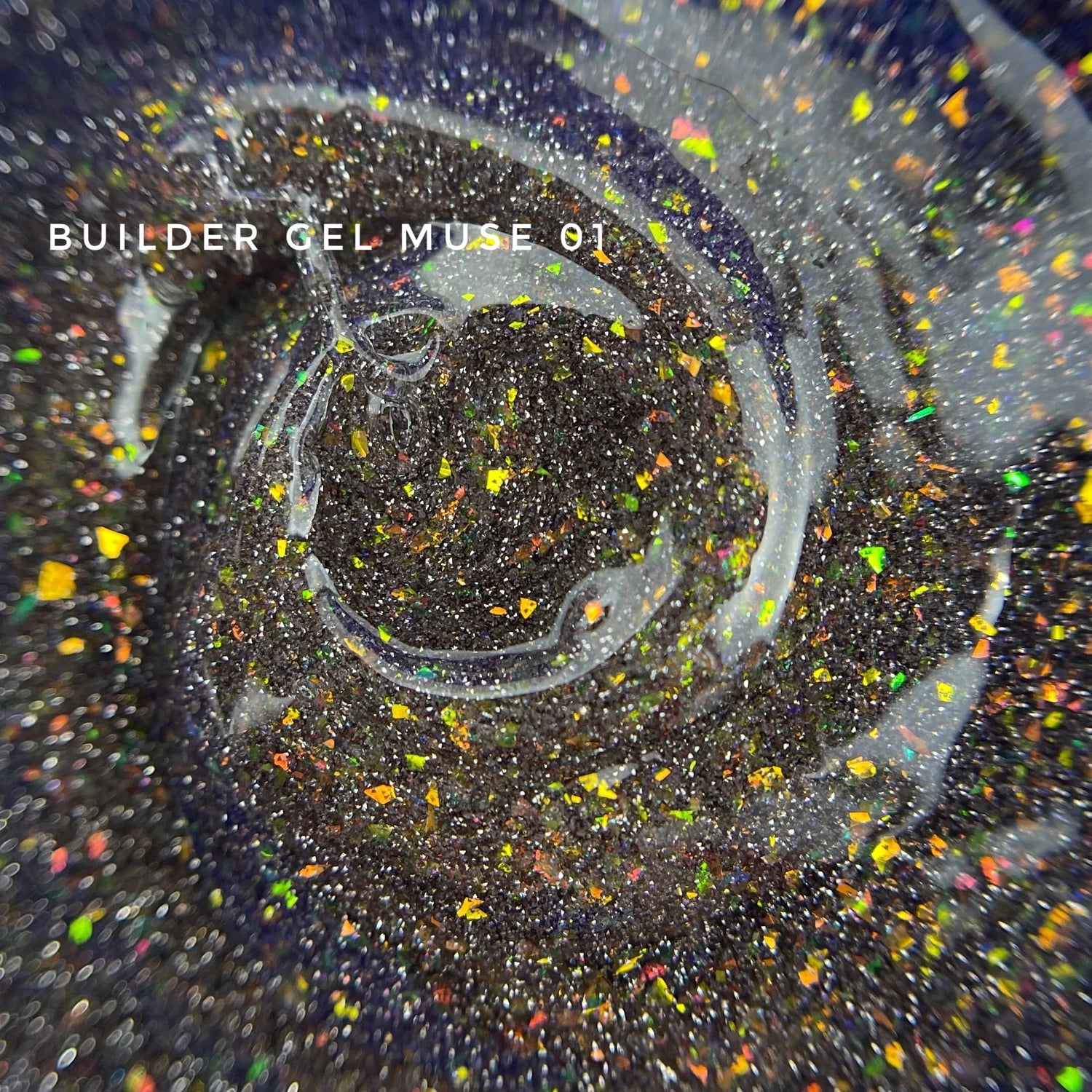 Builder gel Muse 01 with black glitter base and colorful iridescent flakes for nails