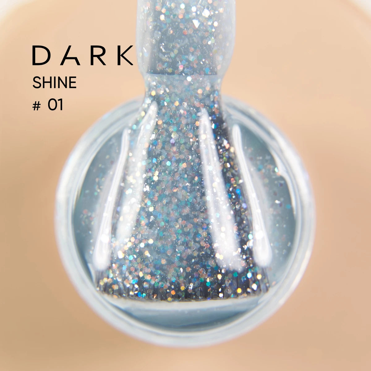 Close-up of iridescent glitter gel nail polish on brush, labeled DARK SHINE #01