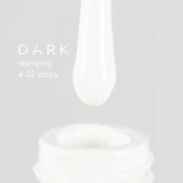 White nail gel polish dripping from applicator into open jar, labeled Dark Stamping #02 Sticky