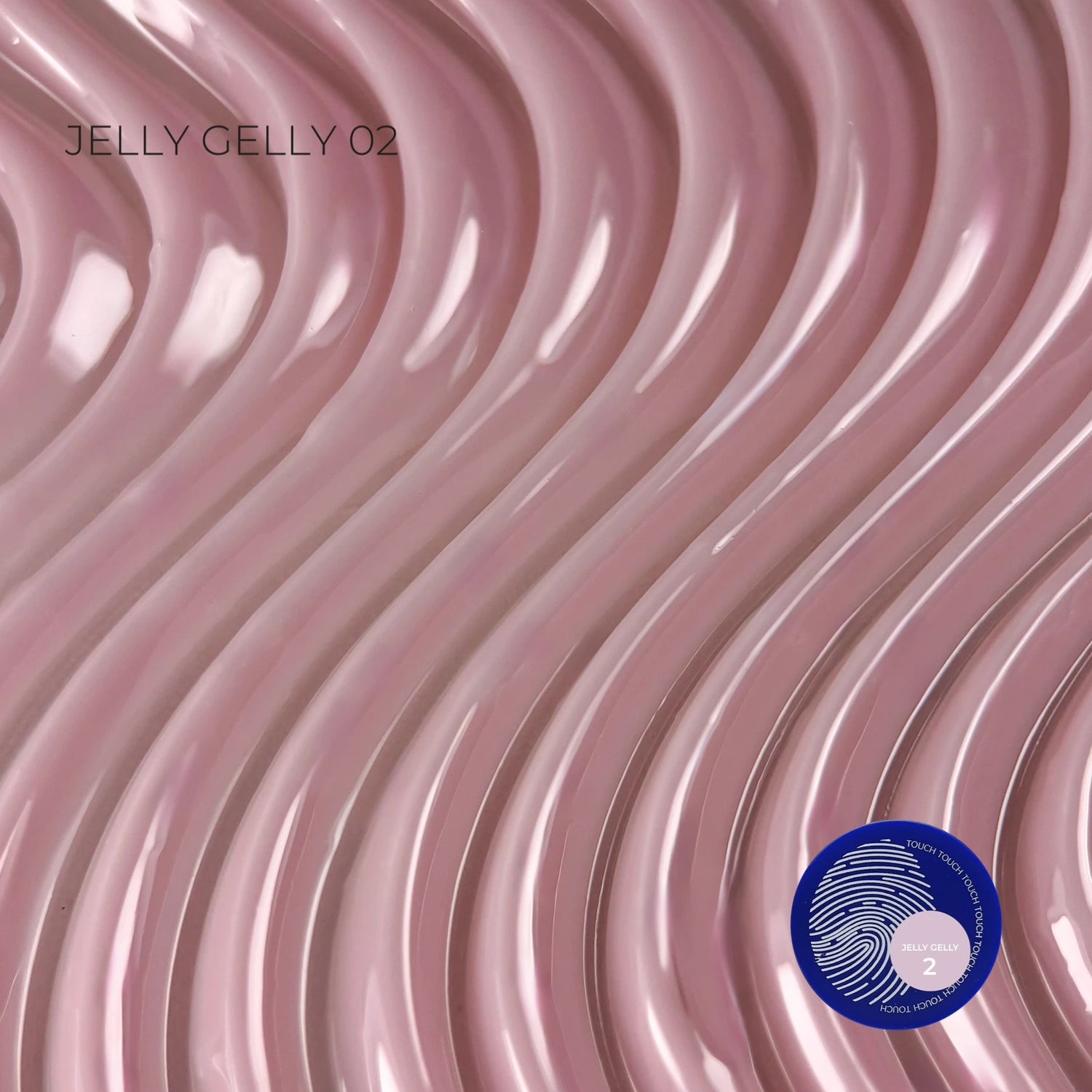 Glossy light pink wavy UV gel texture, labeled 'Jelly Gelly 02', professional nail product.