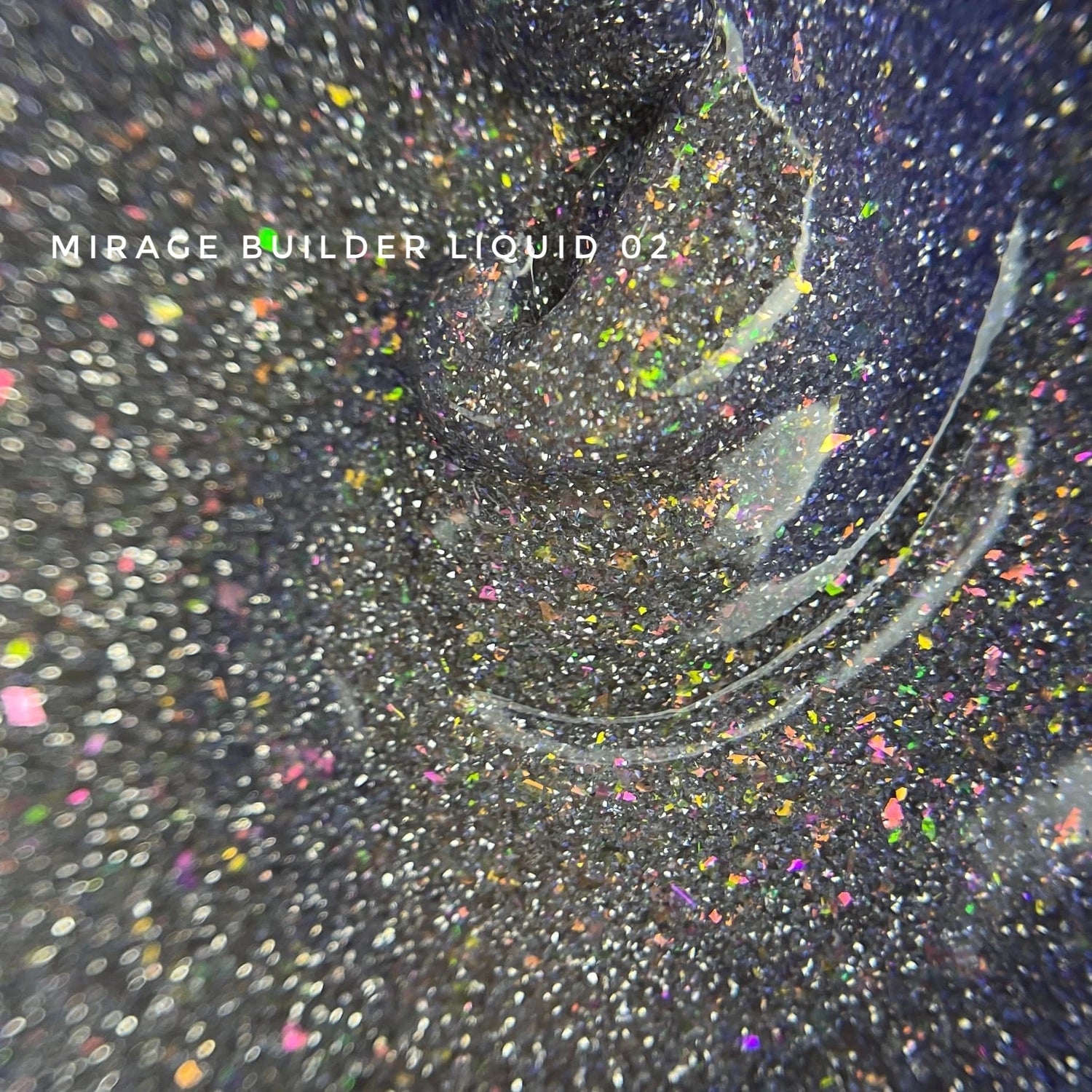 Close-up of black glitter nail gel with colorful flakes, labeled Mirage Builder Liquid 02.