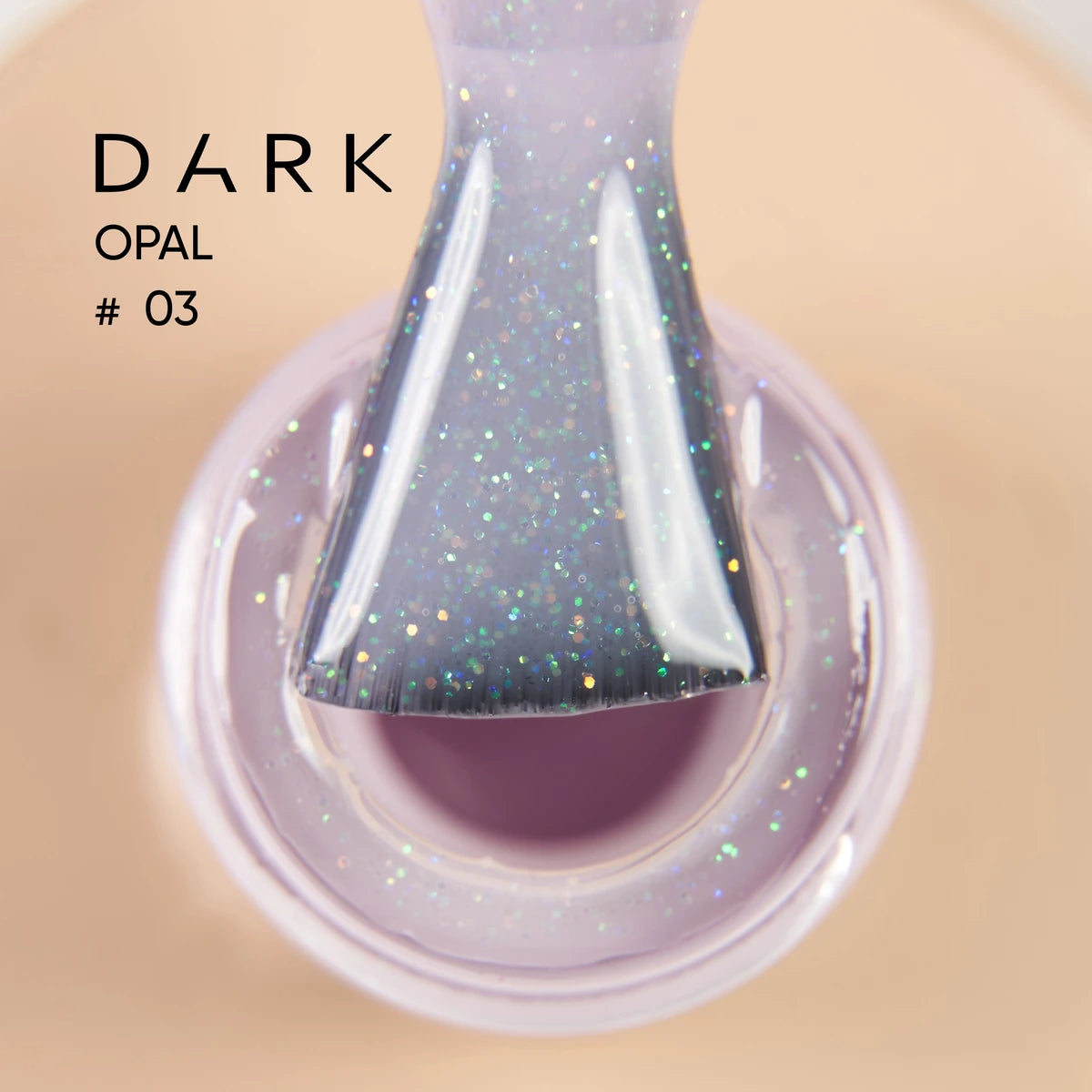 Brush with glittery purple gel polish, labeled Dark Opal #03, for nails and manicure