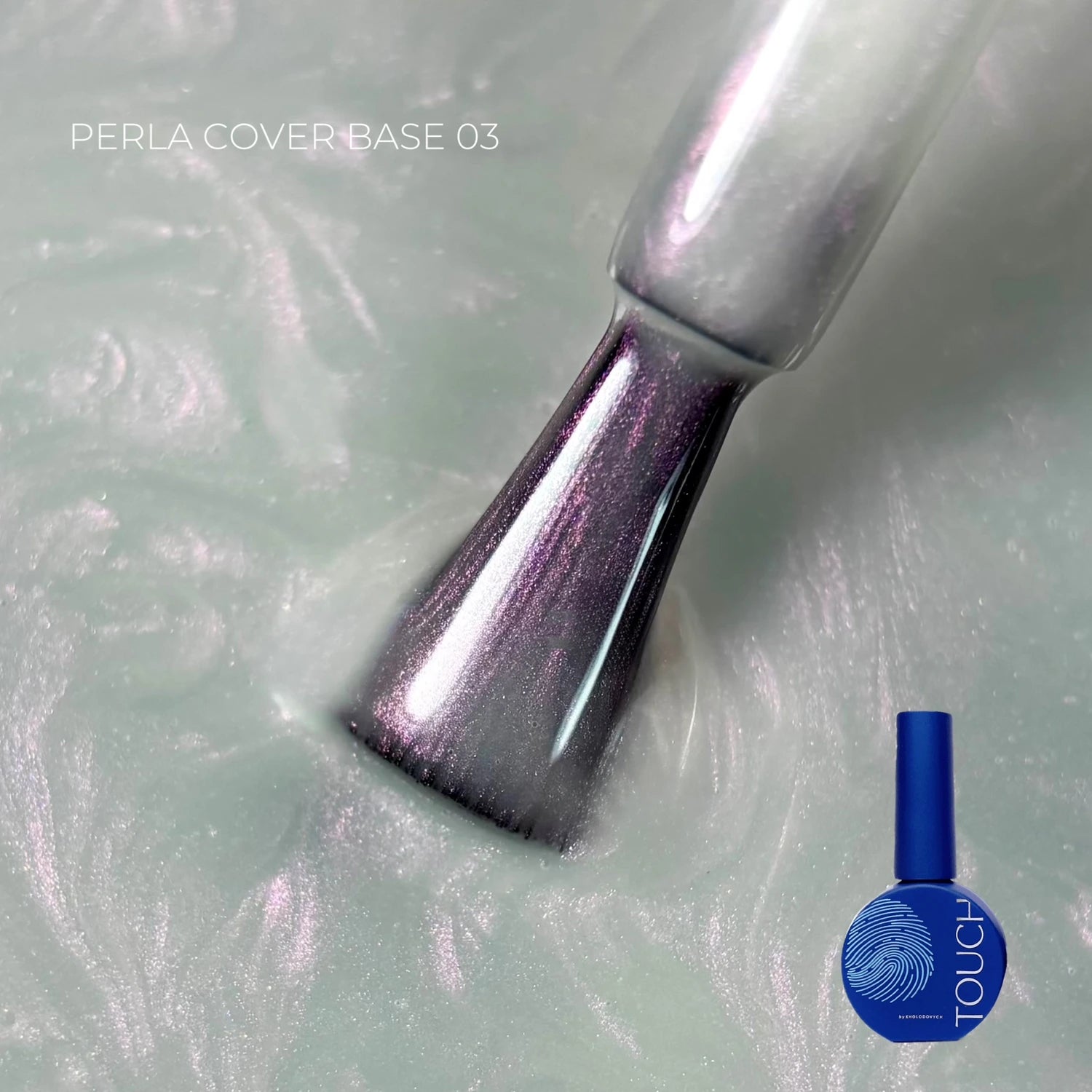 Pearl shimmer base gel polish being applied with brush, close-up texture detail
