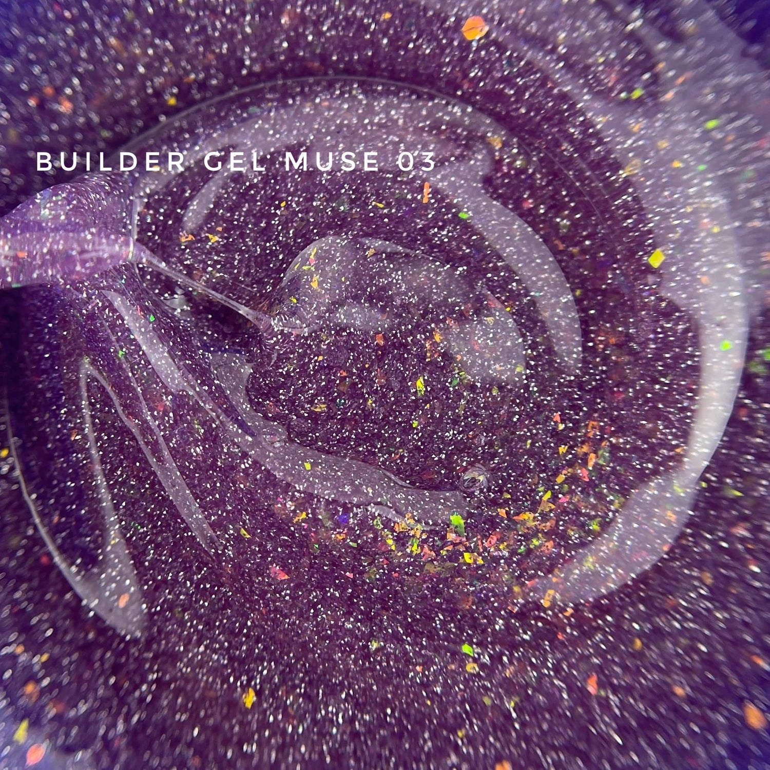 Close-up of glittery purple builder gel for nails with colorful flakes, labeled Muse 03.