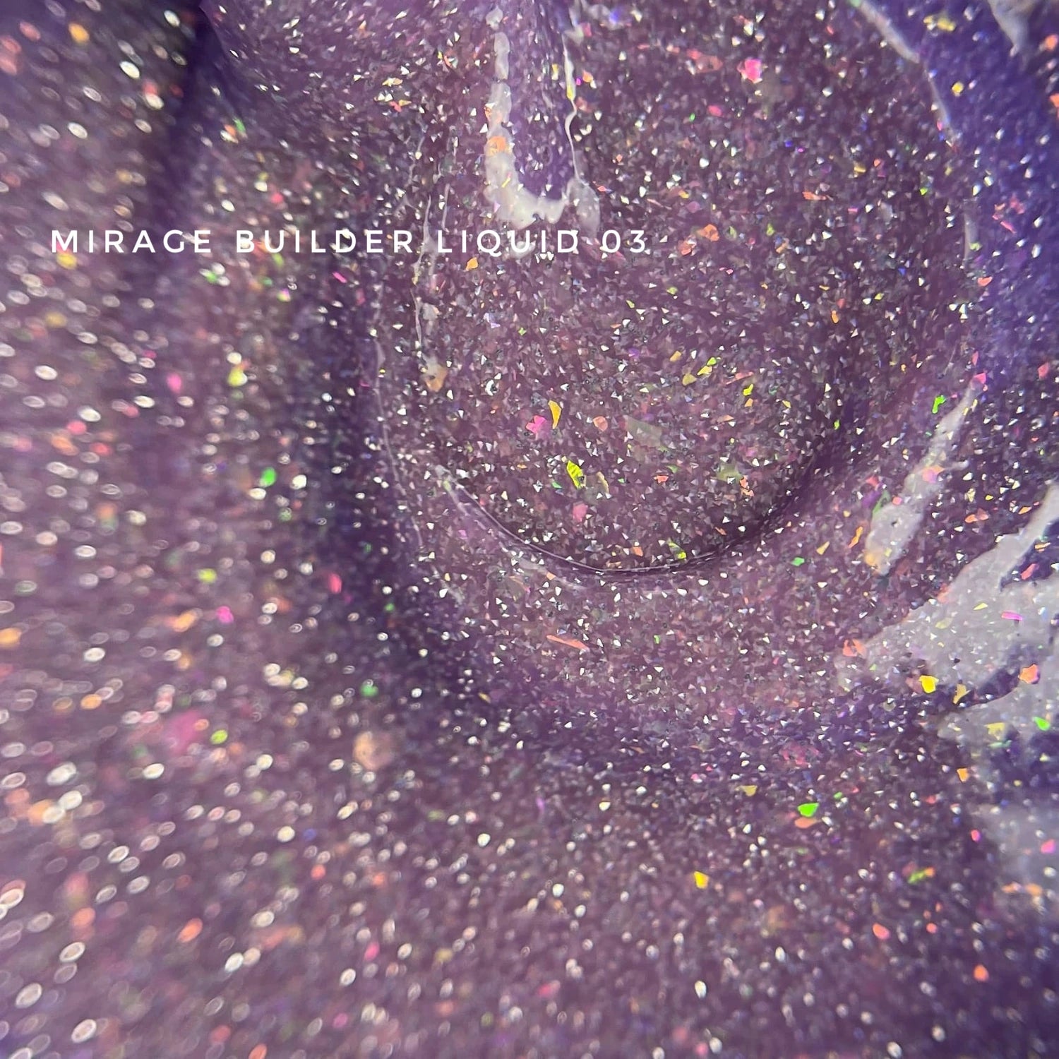 Purple glitter UV gel nail polish with holographic flakes, Mirage Builder Liquid 03 close-up.