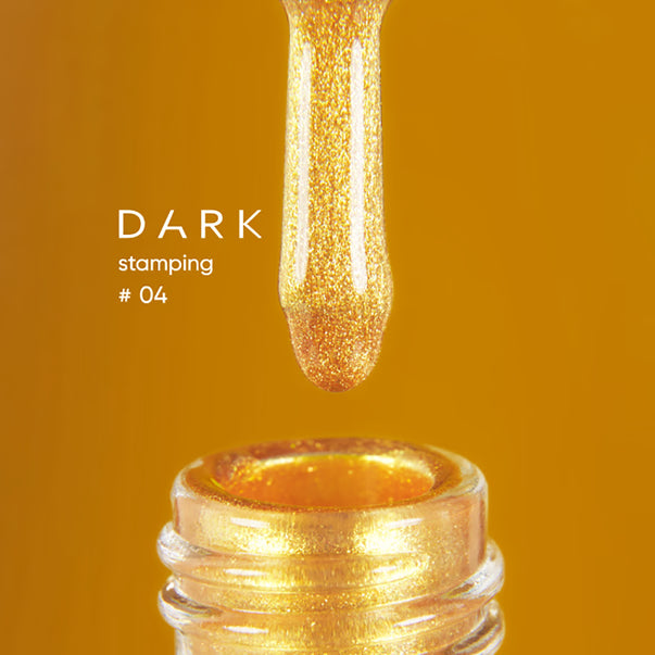Gold glitter nail stamping polish with applicator brush, close-up, shade #04.