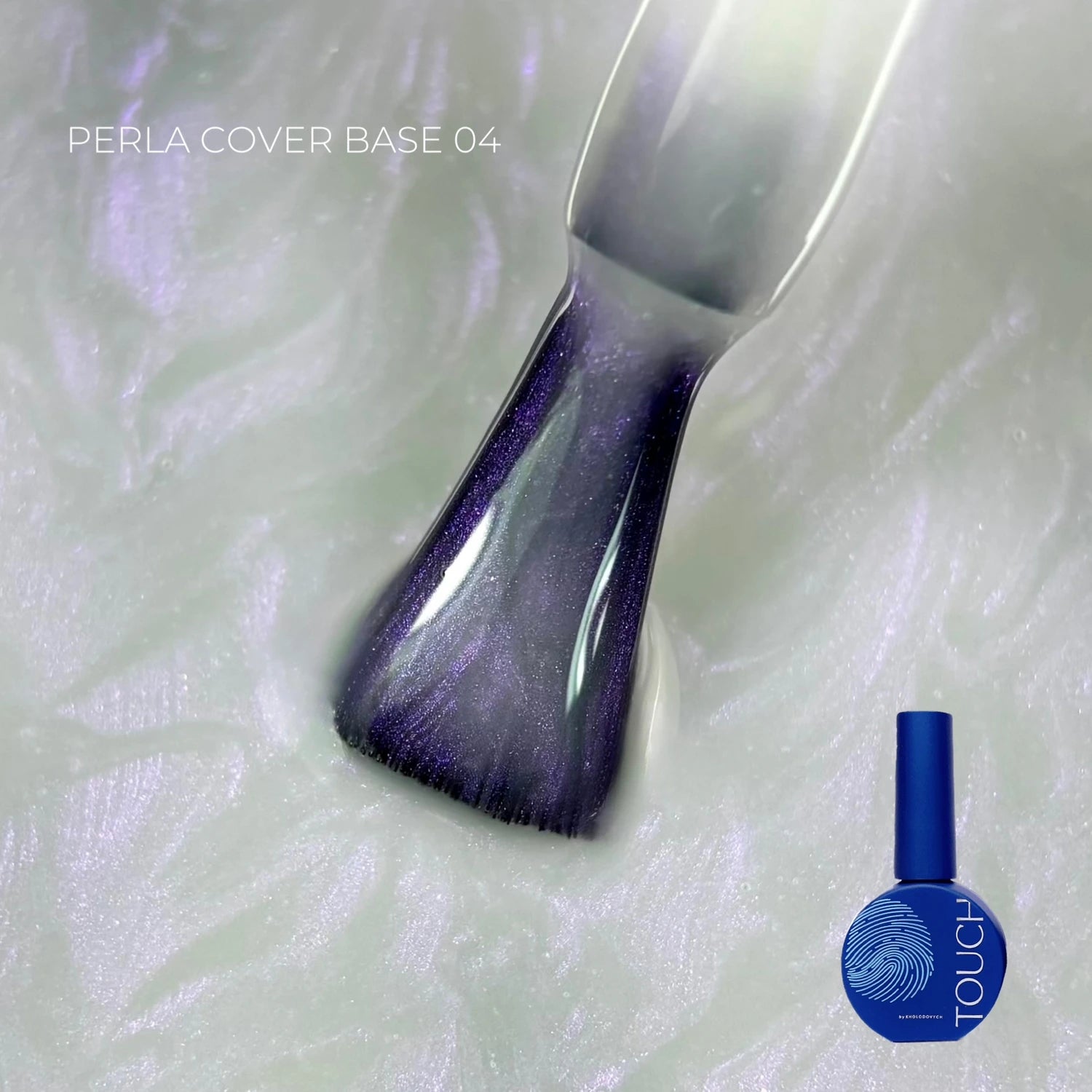 Purple shimmery gel nail polish brush swatch with blue bottle, Perla Cover Base 04.