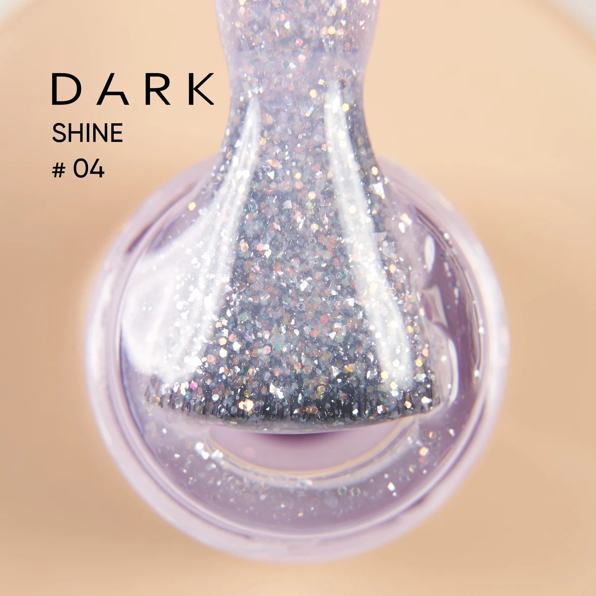 Close-up of sparkly glitter UV gel nail polish brush with silver shimmer in bottle, labeled Dark Shine #04.
