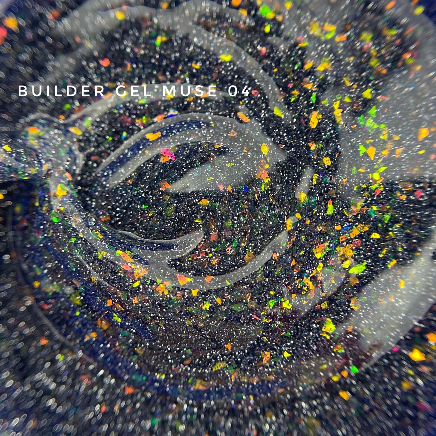 Close-up of Builder Gel Muse 04, black with multicolor glitter flakes, nail product texture.