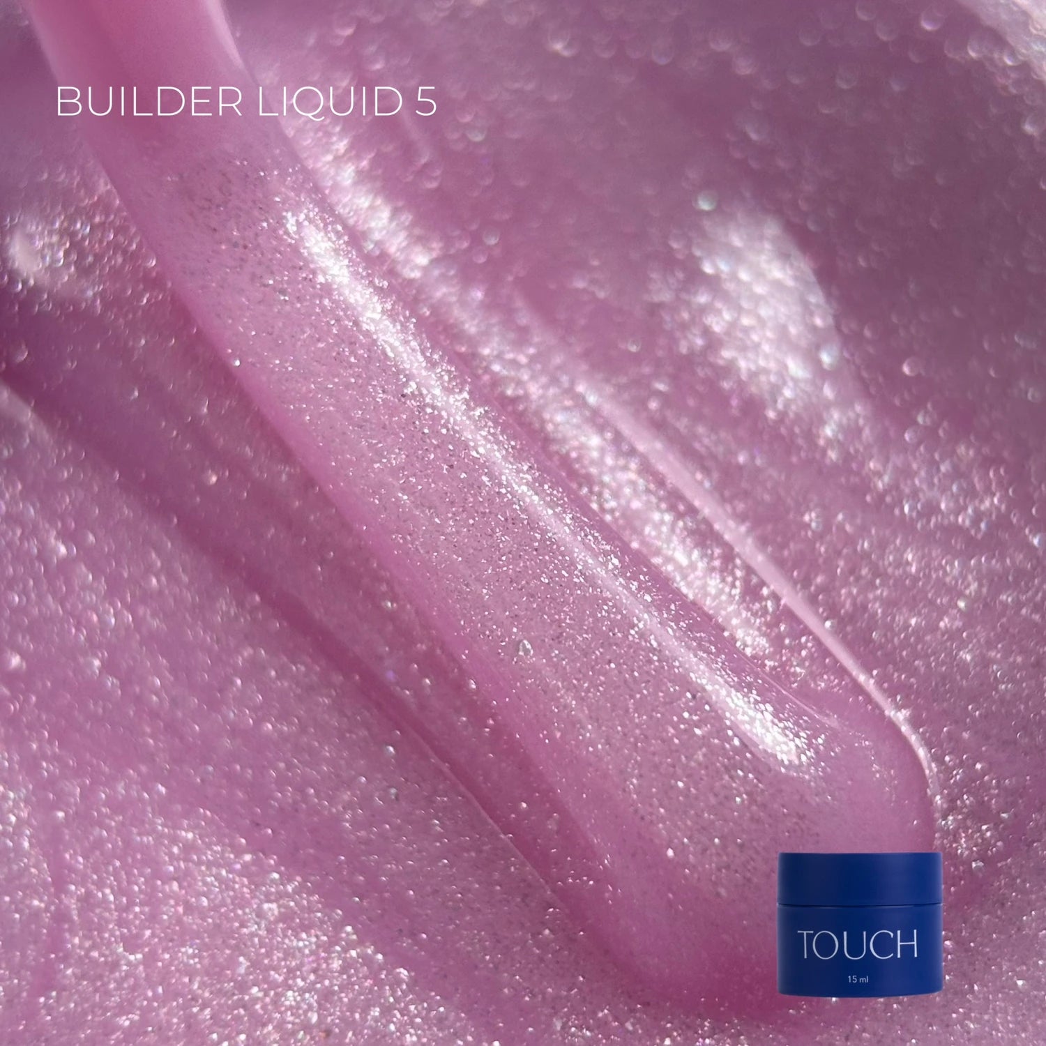 Shimmery pink builder gel for nails with close-up texture and blue Touch container