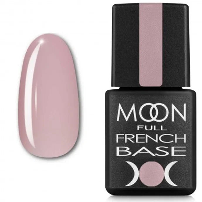 Gel polish bottle labeled 'MOON Full French Base' with a matching nail color on a white background
