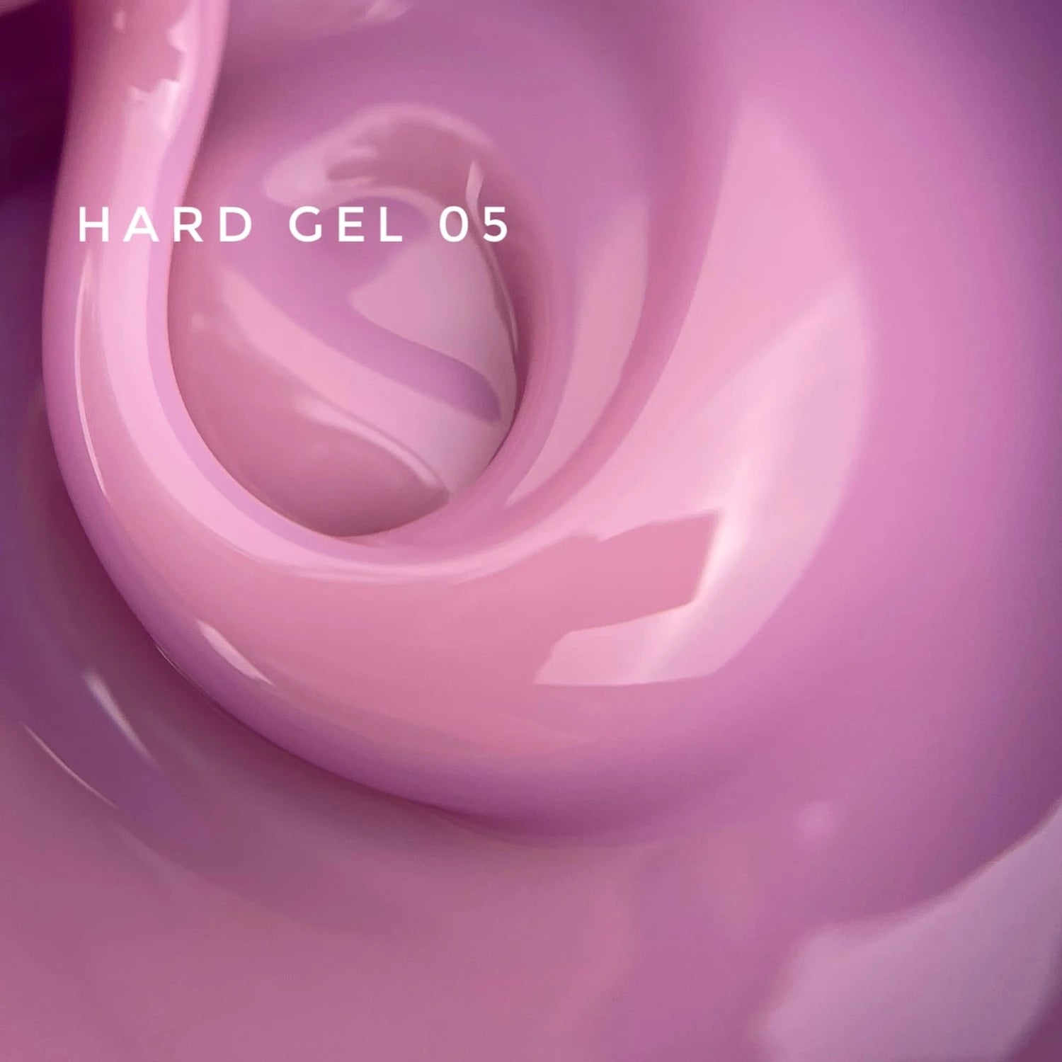 Pink hard gel nail polish swirl texture with text 'HARD GEL 05' for manicure