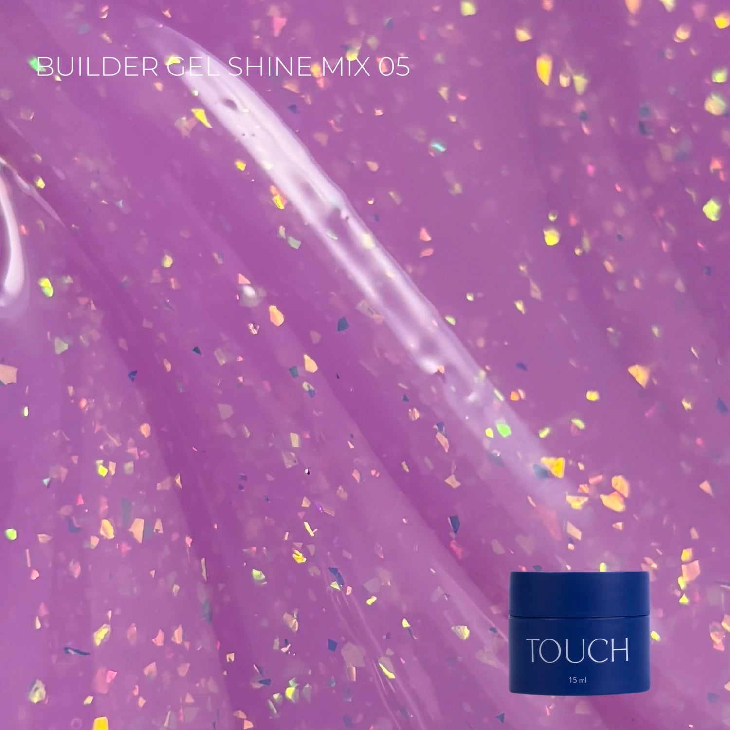 Purple builder gel with iridescent glitter flakes and TOUCH 15ml nail gel container