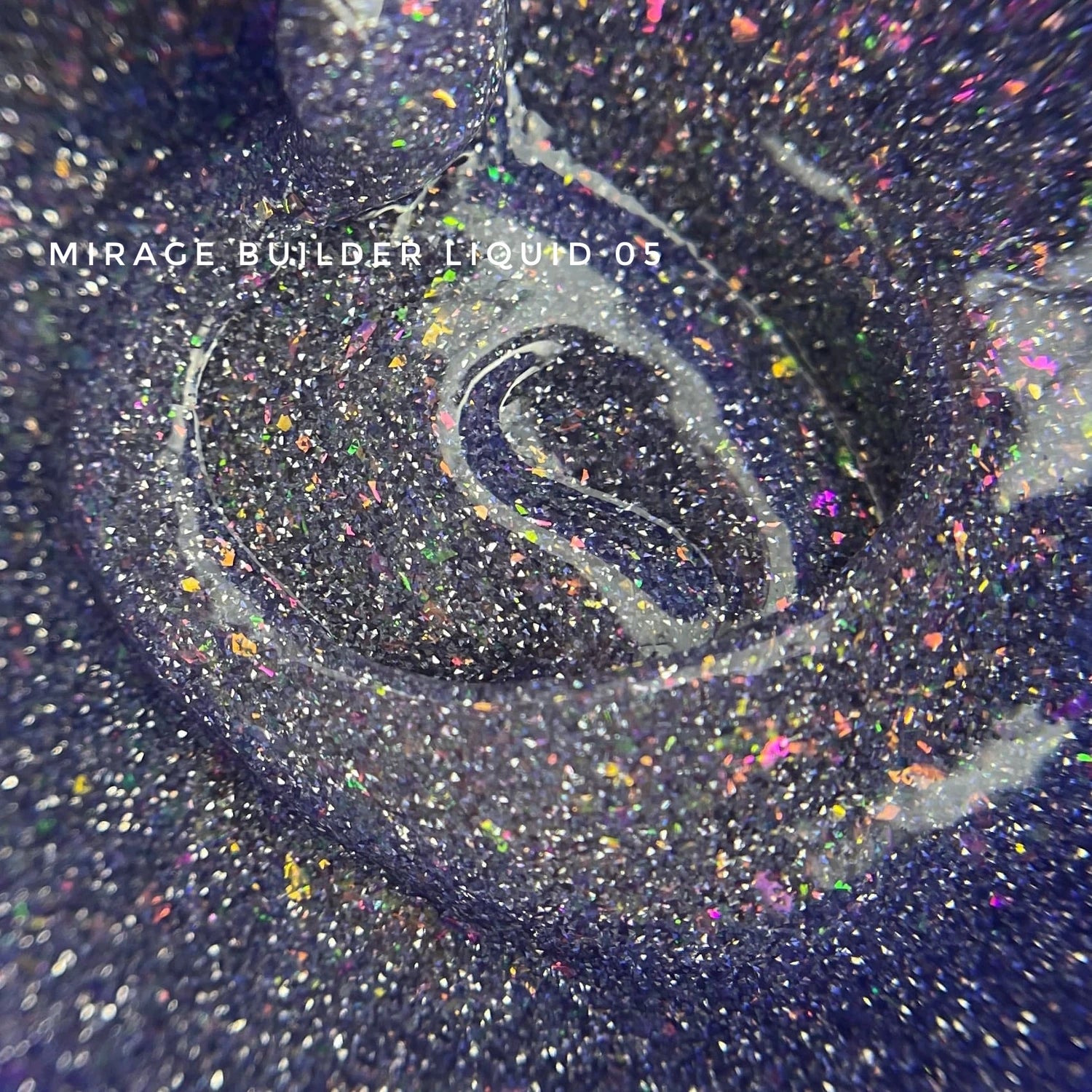 Close-up of glittery purple builder gel for nails with colorful sparkles, labeled Mirage Builder Liquid 05.