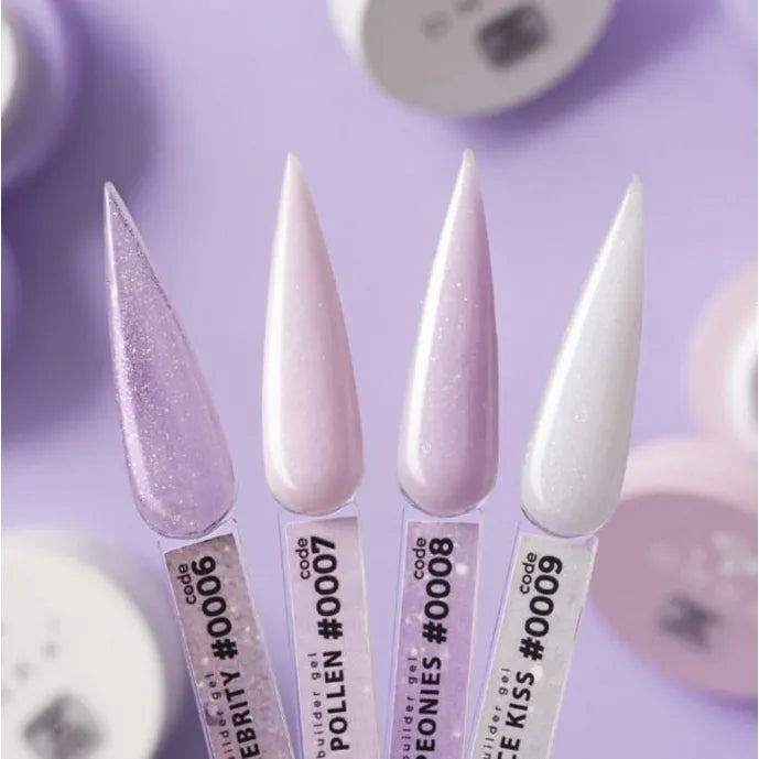 Pastel purple and white glitter nail gel color swatches for manicure