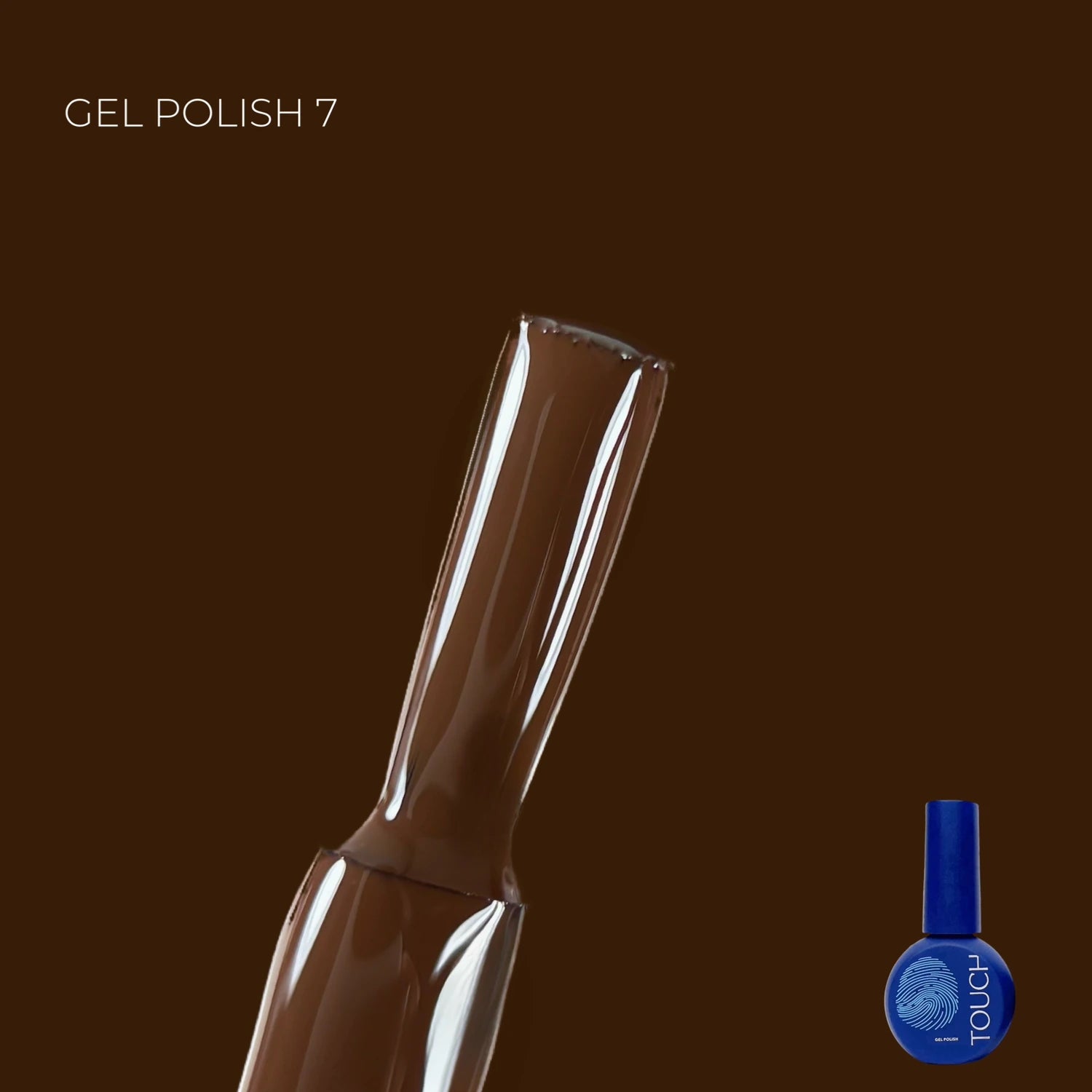 Brown gel nail polish swatch on a clear nail display with blue polish bottle