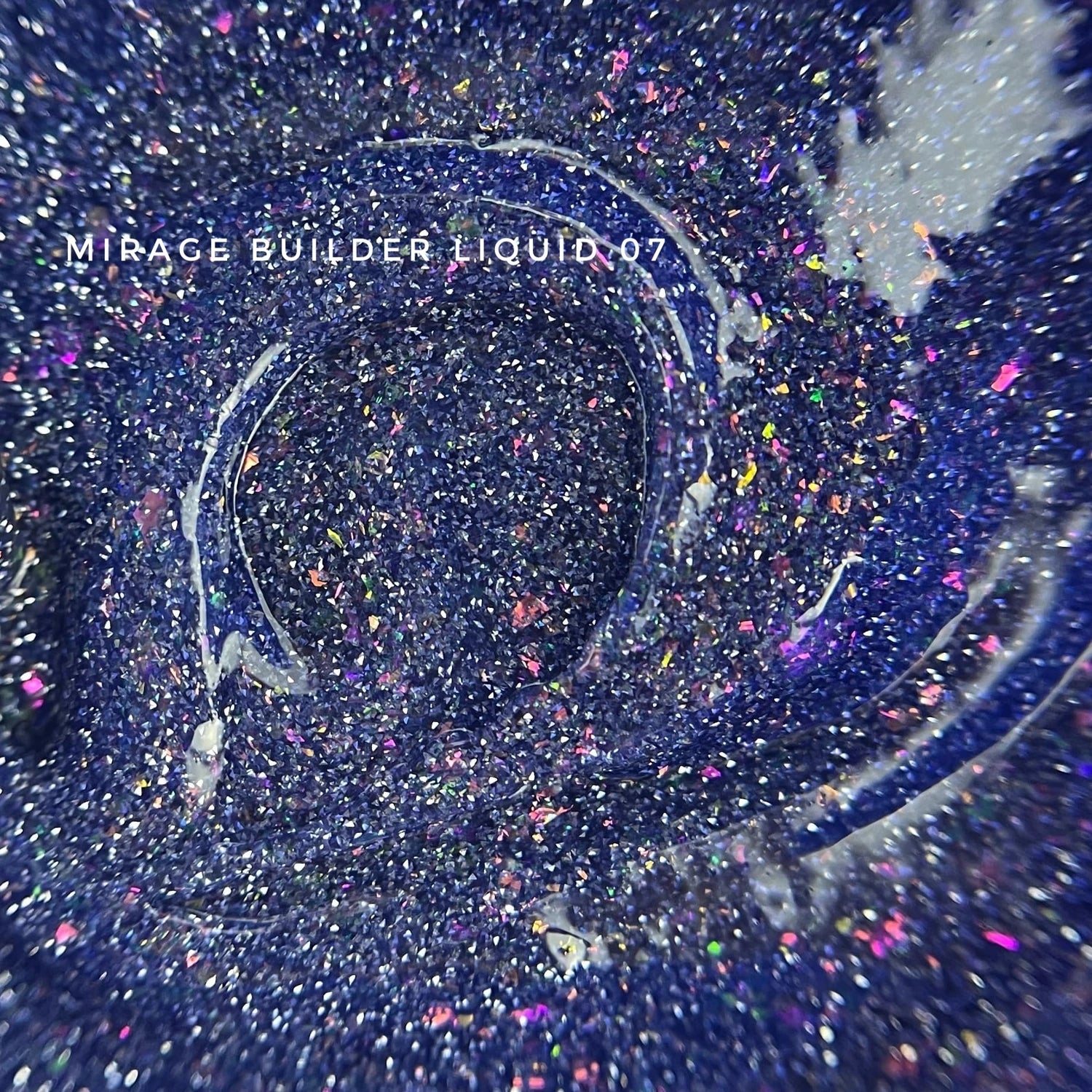 Close-up of blue glitter builder gel with holographic flakes for nails, labeled Mirage Builder Liquid 07