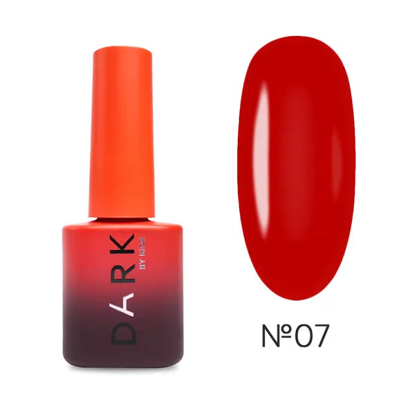 Red gel nail polish bottle with matching color swatch, shade number 07, for manicure