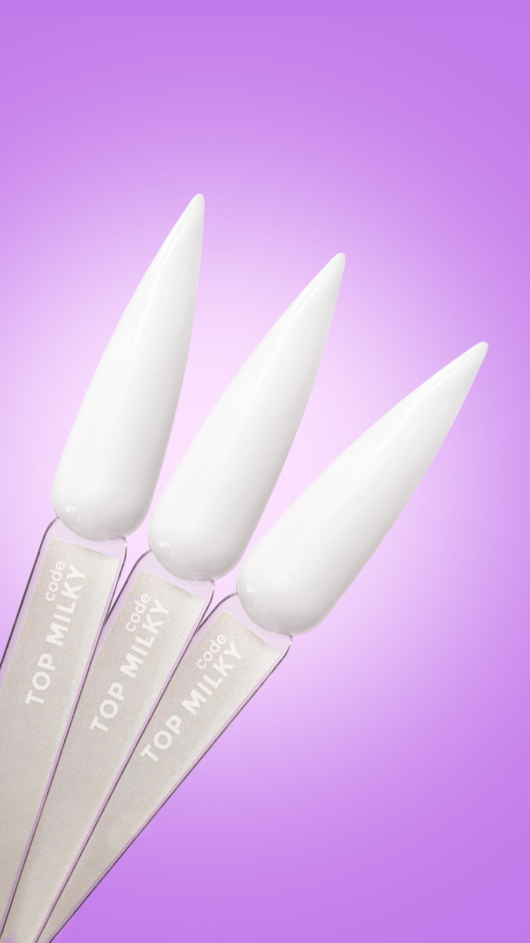 Three milky white nail polish swatches labeled 'TOP MILKY' on purple background