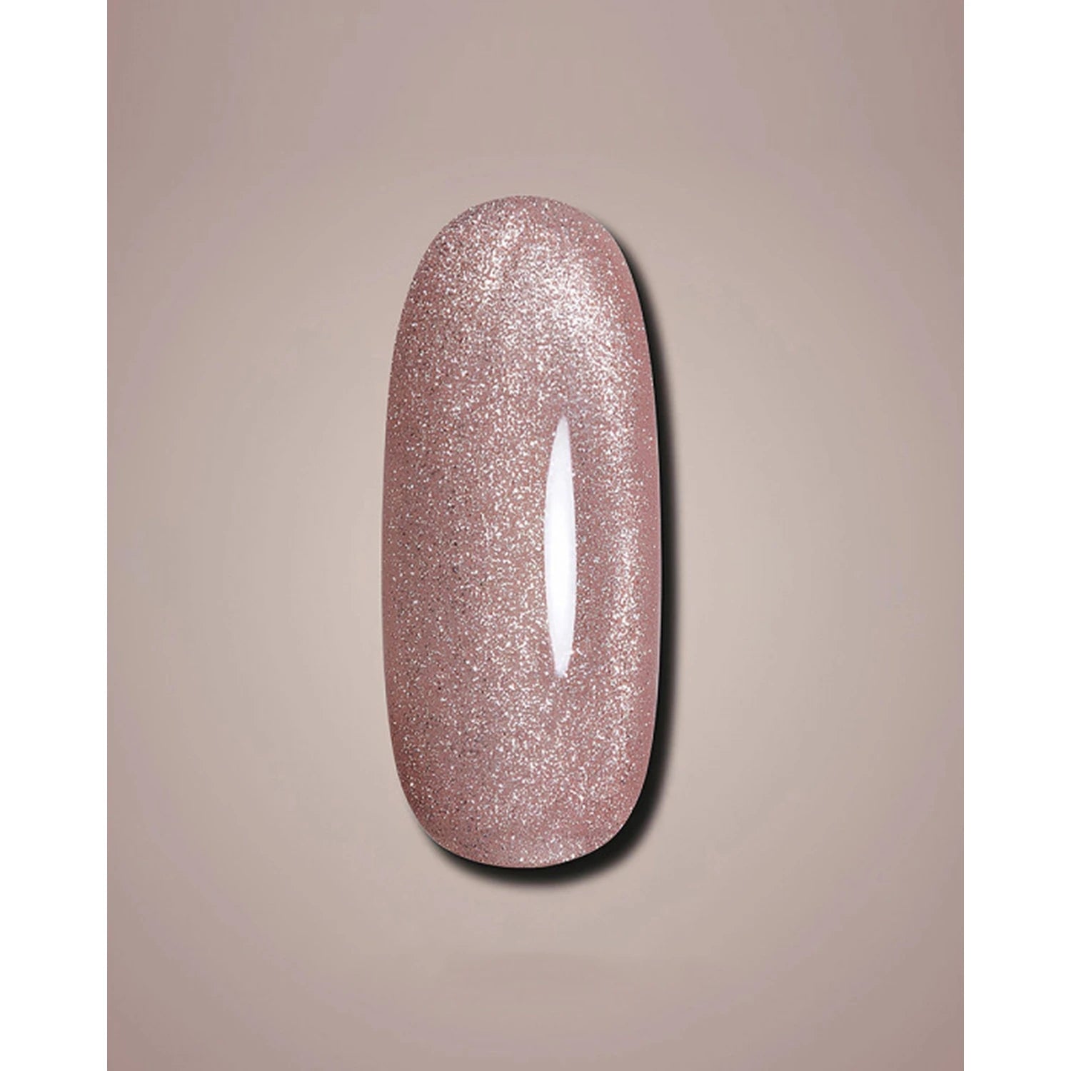A glossy, glittery nail polish swatch in a dusty rose pink color, displayed on a neutral beige background.