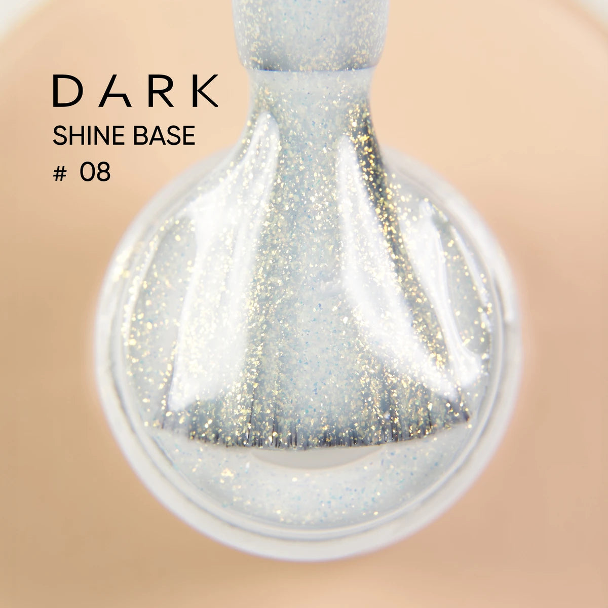 Close-up of brush applying sparkly pale blue gel polish, labeled Dark Shine Base #08