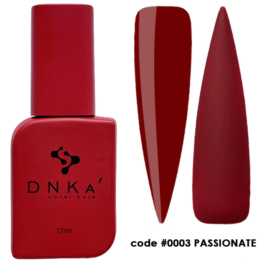 Red DNKA cover base gel polish bottle with two nail color swatches, code 0003 Passionate.