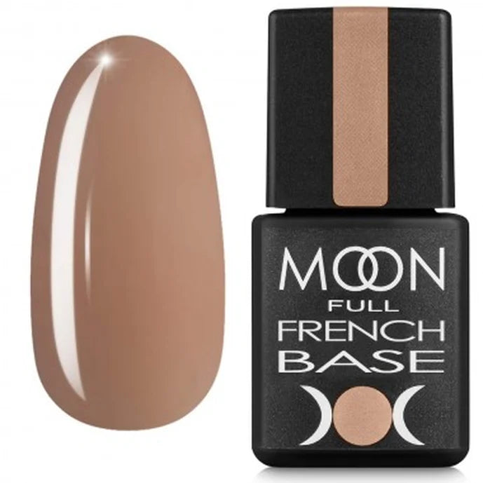 Nude beige gel polish swatch and MOON Full French Base bottle for manicure
