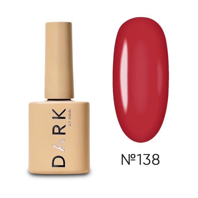 Red gel nail polish bottle with color swatch, shade number 138, manicure product