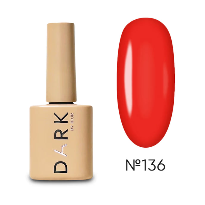 Beige gel nail polish bottle with red swatch, shade number 136, manicure supply