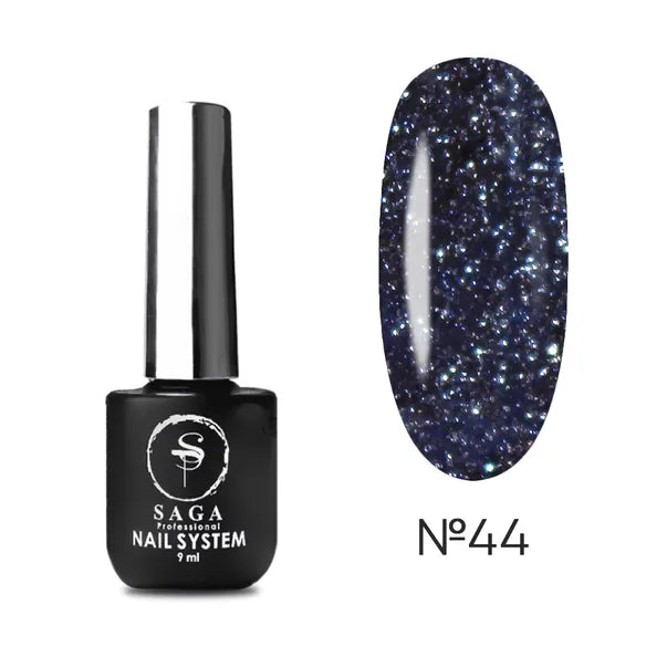 Glittery dark blue gel nail polish bottle and swatch, shade 44, professional manicure product